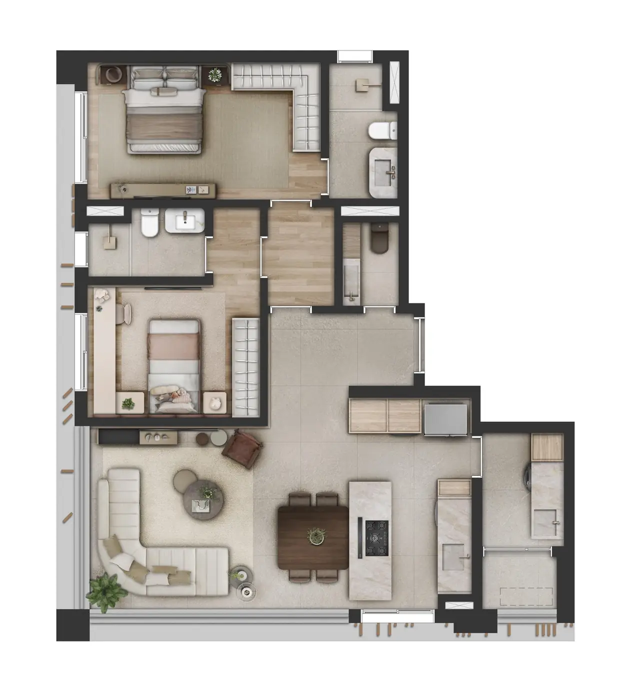 Planta ilustrativa de 103,85 m² do Ybirá Jurupis · Opção com living integrado